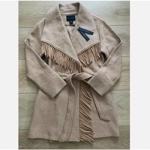 Tahari Boiled Wool Wrap Western Jacket with Fringe in Camel M NWT $425